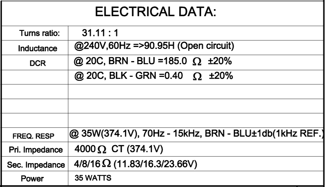 Hammond 1760J output transformer electrical data