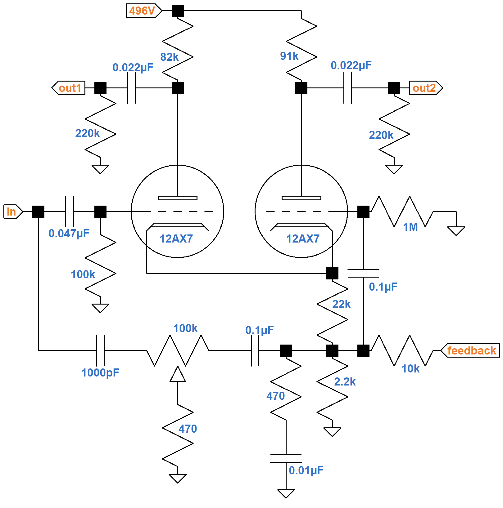 Hiwatt phase inverter AC circuit for treble frequencies