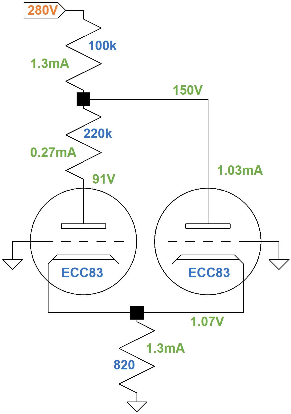 equivalent DC circuit with DC operating conditions, depth control at zero resistance