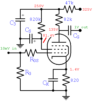 pentode preamp circuit - resistor values